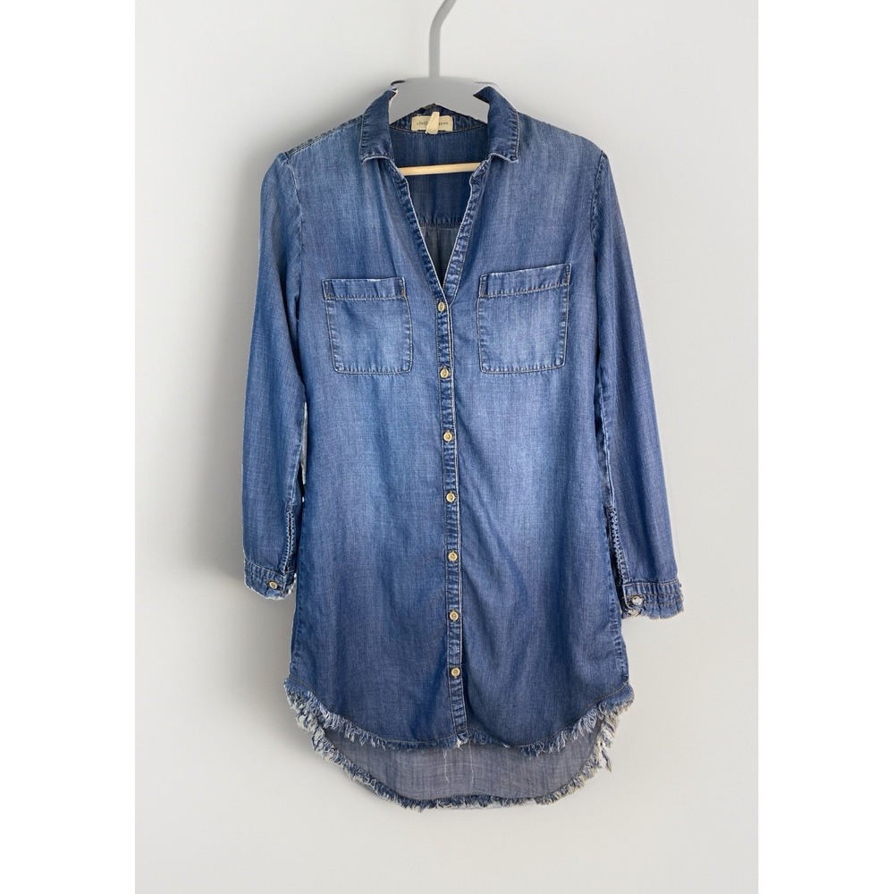 Cloth & Stone Women's XS Chambray Long Sleeve Raw Hem Hi-Low Shirt Dress